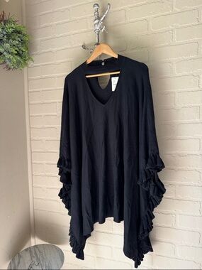 Lane Bryant poncho black Ruffle Sleeve V neck choker  cutout NEW sweater knit